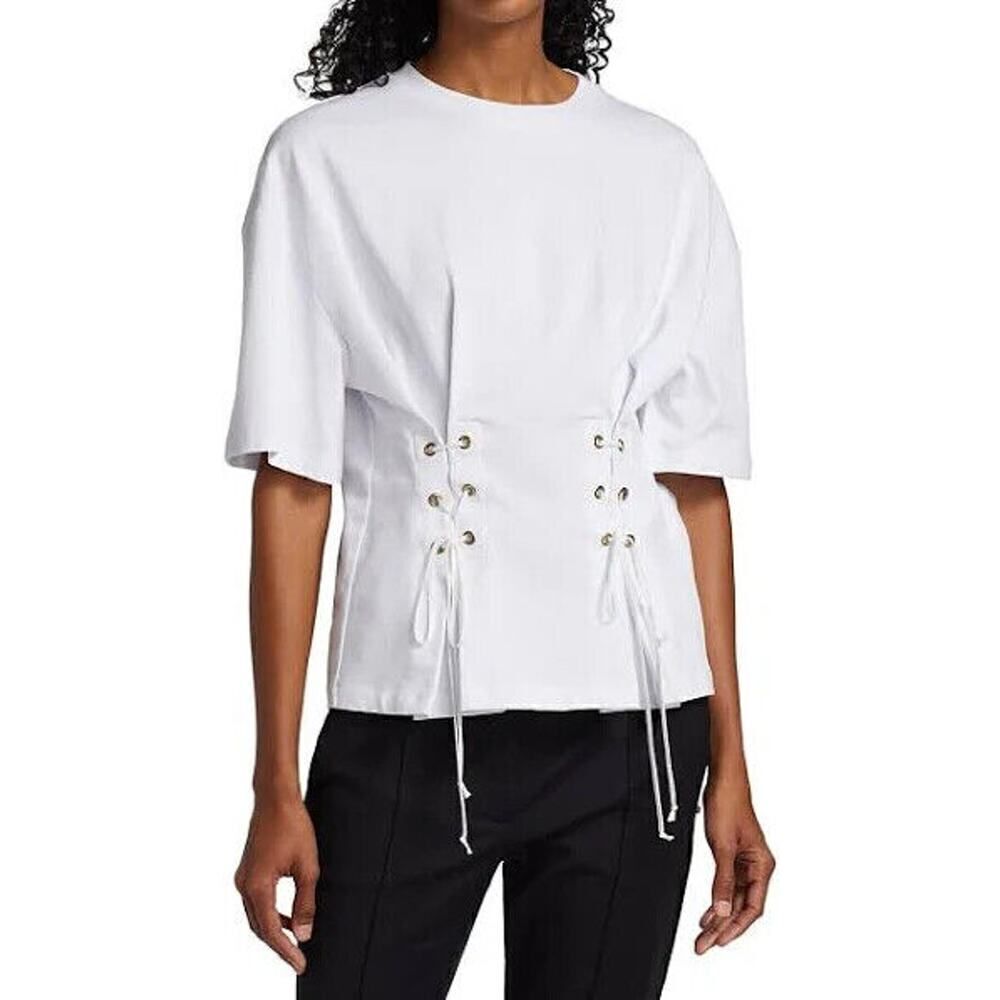 NEW! SPORTMAX PEPLO WHITE CORSET LACEUP CREW NECK TSHIRT SIZE SMALL $310